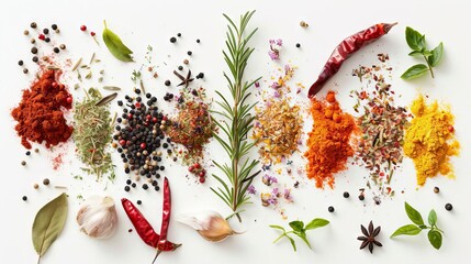 Wall Mural - variety of colorful spices and herbs on white background top view of spice arrangement food ingredient