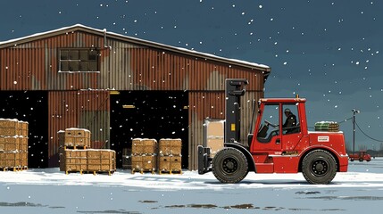 Poster - Show cranes and forklifts braving a snowstorm as they continue their work under the cover of night, their movements slowed