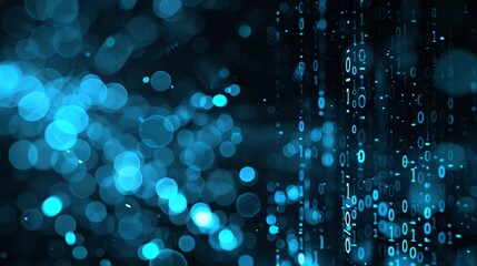 Wall Mural - Digital binary code background with blue bokeh lights and data technology