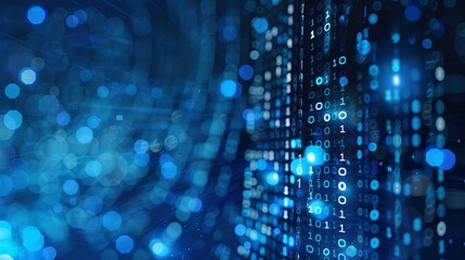 Wall Mural - Digital binary code background with blue bokeh lights and data technology