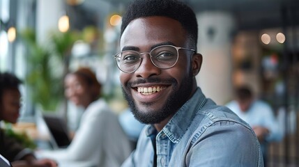Poster - man smiling while using a tablet in an office environment