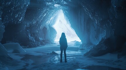 Wall Mural - At the entrance of the Big Four Ice Caves, a girl gazes up at the towering ice formations, awestruck by their sheer size and majesty. 