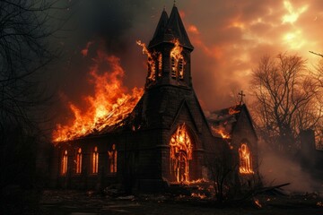 Dramatic image capturing an ancient church being consumed by a massive blaze against a dark sky