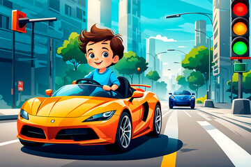 A simple children's vector illustration of a happy child in a modern sports car driving on a city road, next to a road sign and a traffic light, in a flat cartoon style limited bright palette 