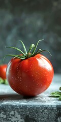 Wall Mural - Close-up of a single red tomato with water droplets, fresh and ripe with a green stem and a blurry background.