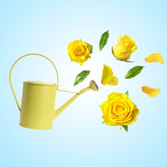 Sticker - Watering can and yellow roses in air on light blue background