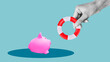 © Andrii - Piggy Bank At Risk being saved from drowning in debt. Crisis Financial Banking Concept. Copy space for text