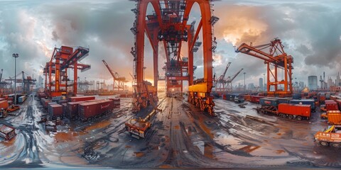 Canvas Print - An immersive 360-degree panorama of a bustling port terminal, with massive cranes unloading cargo from container ships and