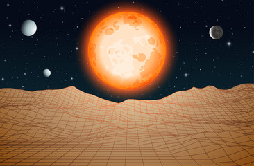 Poster - Retro futuristic landscape with mountains and sun in deep space. 80s styled synthwve landscape with sunrise over alien planet.