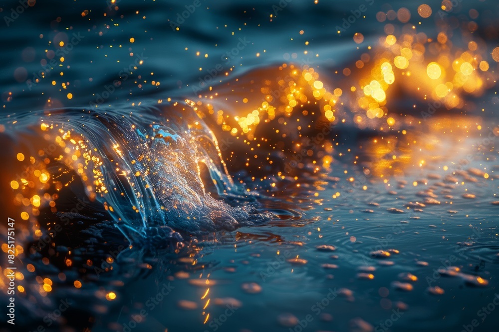 Abstract waves of water with bokeh lights background. Blue and golden ...