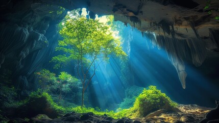 Wall Mural - color photo of a captivating realm hidden beneath the earth's surface, a magical cave draped in vibrant colors and illuminated by a soft ethereal light,