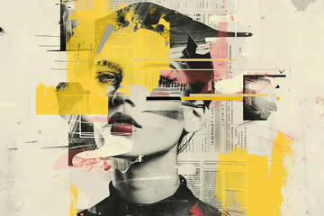 Wall Mural - Abstract Female Portrait with Newspaper Collage and Vibrant Yellow Splatters