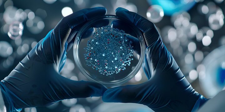 A person wearing electric blue gloves is holding a petri dish filled with water