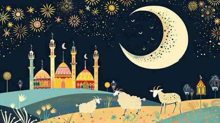 Wall Mural - goat sheep, arabic lantern, crescent moon with mosque scene in night whimsical patterns, a mosque on a beautiful land, big moon for Eid Al Adha.
