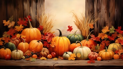 A rustic autumn still life with pumpkins, leaves, and wheat.