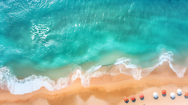 Aerial view of amazing tropical beach with white umbrellas and turquoise sea.  Top down aerial view beautiful beach