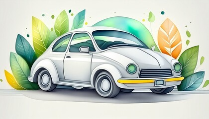  Cute car watercolor illustration in minimal style. Funny transport Transport in the style of a children's drawing