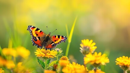 Wall Mural - eyecatching small tortoiseshell butterfly (aglais urticae) on yellow wildflowers, cheshire,england