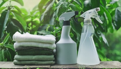 Ecologic, environment friendly cleaning liquids in spray bottles, and folded cleaning clothes. 