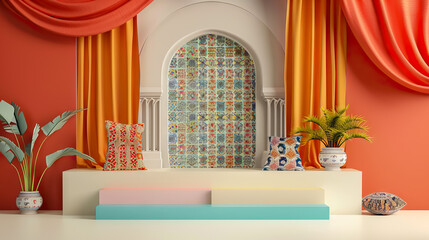 Wall Mural - empty podium decorated with colorful fabrics and Islamic geometric patterns with festive and traditional Eid al-Adha atmosphere for product placement.