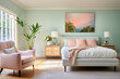 © NUSRAT ART - An airy bedroom boasting a light turquoise wall, a cozy blush-pink armchair, and a low-profile bed with vibrant aqua bedding, inviting peace.