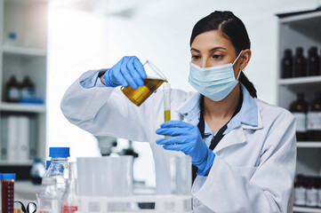 Wall Mural - Fluid, research or woman with sample for science, medical test or data for healthcare professional. Pathology, analysis or laboratory for stem cell study, dna or medicine innovation for biotechnology