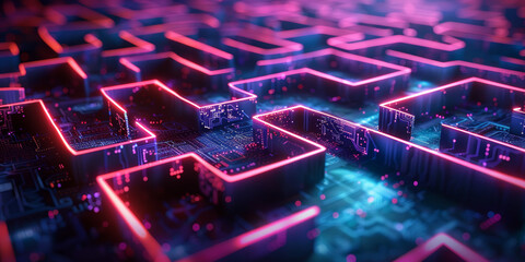 Neon Circuit Microchip Maze   Futuristic Technology Concept with Glowing Pink and Blue Lights