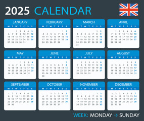 2025 Calendar United Kingdom - vector template graphic illustration - English version