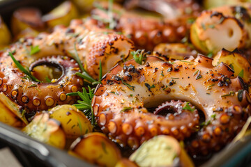 Wall Mural - there is a pan of cooked octopus and potatoes with herbs