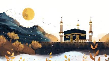 Wall Mural - Eid Adha Mubarak Greeting card with kaaba, moon, mountain, tree and foliage on white background with copy space.