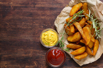Wall Mural - baked potato wedges with ketchup and cheese sauce