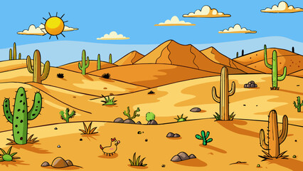 Poster - A barren desert with rolling sand dunes as far as the eye can see. The landscape is rugged and unforgiving with scorching hot temperatures during the. Cartoon Vector.