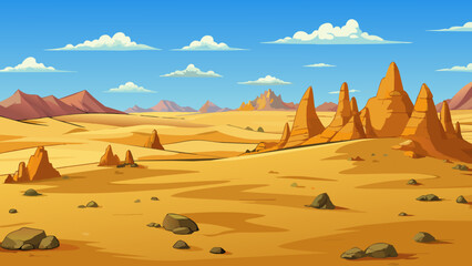 Poster - A barren landscape in the desert with only sand dunes and rocks as far as the eye can see.. Cartoon Vector.