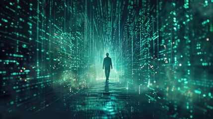 A human figure emerging from a matrix of digital codes and lines, representing the rise of innovation and digital transformation