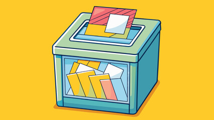 Poster - A ballot box with a clear plastic window displaying a stack of neatly folded cards representing voters choices.. Cartoon Vector.
