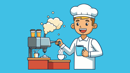 Poster - A barista expertly steaming milk the sound of the frother creating a symphony of bubbles and the warm rich aroma of freshly brewed espresso filling. Cartoon Vector.