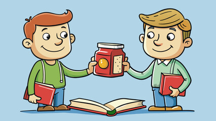 Aufkleber - A barter between two friends one giving a book and receiving a jar of homemade jam in return. The book is in good condition with a decorative cover. Cartoon Vector.