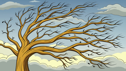 Aufkleber - A barren tree with its twisted branches reaching up towards the sky. The north wind has away all its leaves leaving behind a beautiful silhouette. Cartoon Vector.
