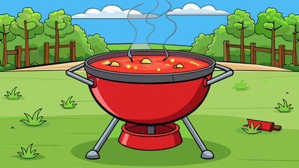 Poster - A big pot of soup on a outdoor grill with the liquid inside bubbling and boiling vigorously. The soup is a deep red color and small bubbles appear on. Cartoon Vector.