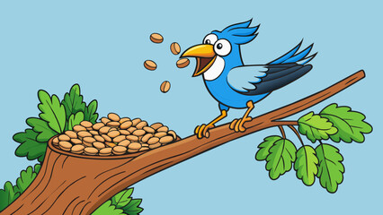Fototapete - A bird perched on a tree branch steadily pecking at a pile of nuts and seeds. As it feasts its body gains nourishment and energy allowing it to fly. Cartoon Vector.
