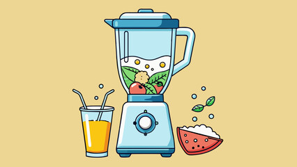 Aufkleber - A blender filled with fruits ice and milk being shaken to make a smoothie. The blender has a large rectangular pitcher with a removable lid and a. Cartoon Vector.