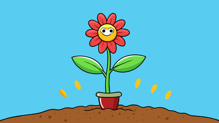 Aufkleber - A blooming flower A seed planted in the ground growing into a blooming flower. This represents success as a process of growth and development starting. Cartoon Vector.