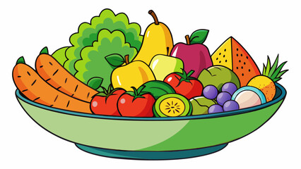 Aufkleber - A bowl of colorful fruits and vegetables vibrant with nutrients and vitamins. The produce is fresh and ripe featuring a variety of textures and. Cartoon Vector.