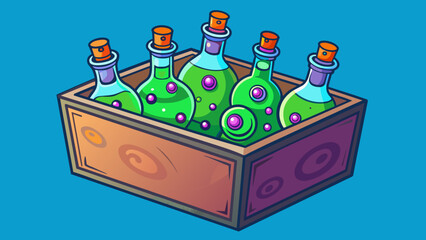 Aufkleber - A box filled with tiny glass bottles each one containing a unique and vibrant potion with swirling patterns and glowing ingredients.. Cartoon Vector.