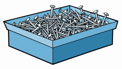 Poster - A box filled with one hundred shiny metal screws each with perfectly straight lines and sharp pointed ends ready to be used for construction or. Cartoon Vector.