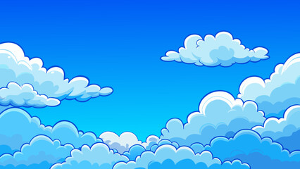 Poster - A bright blue sky dotted with soft fluffy clouds that lazily drift by. The air is still and calm with no signs of storms or disturbances. A feeling of. Cartoon Vector.
