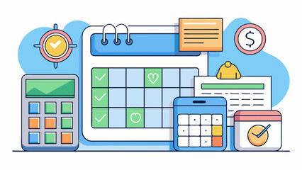 Fototapete - A budgeting application that helps users track their expenses and income. The objects within the app include a calendar view to track upcoming bills. Cartoon Vector.