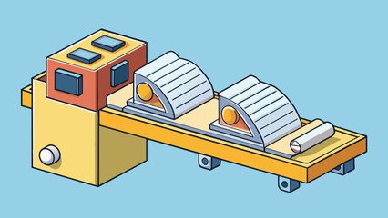 Poster - A bulky industriallooking device with a conveyor belt running through it. Paper is fed into one end and comes out the other side as multiple copies. Cartoon Vector.