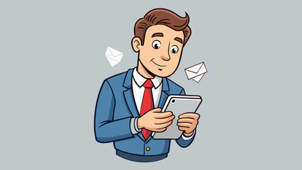 Poster - A businessman scrolling through his phone with a serious expression on his face. His fingers move quickly and purposefully showing his intent to reply. Cartoon Vector.