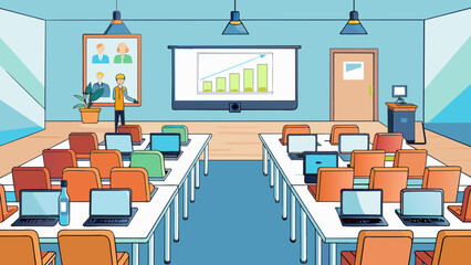 Poster - A business conference In a sleek conference room rows of chairs face a large projector screen at the front. A long table is lined with laptops and. Cartoon Vector.